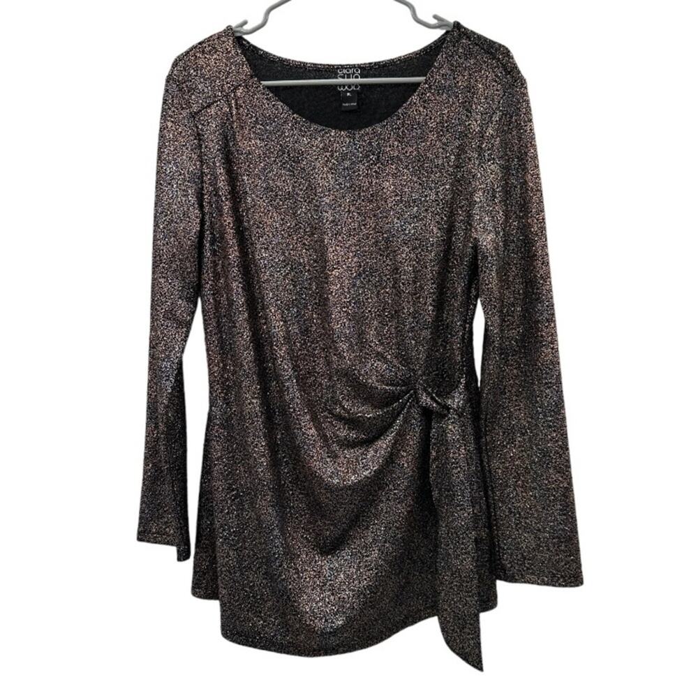 Clara Sun Woo Bronze Metallic Sparkle Long Sleeve Gathered Tie Side Top Sz XL